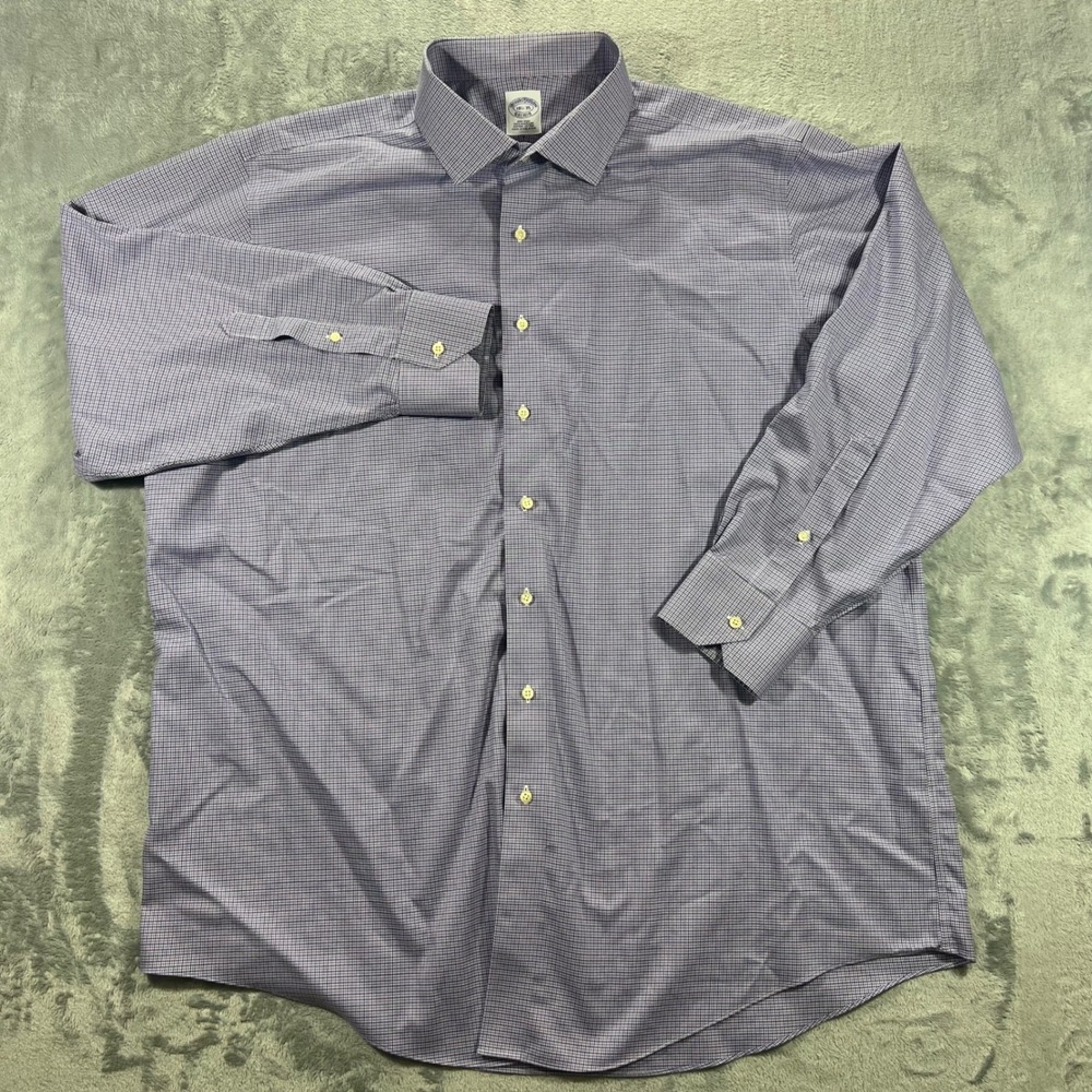 Brooks Brothers Dress Shirt Mens 18.5 35 Purple White Non-Iron Cotton